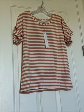Jane and Delancey Dusty Rose Striped Ruffled Sleeve Tee, Sz M, NWT - Feminine